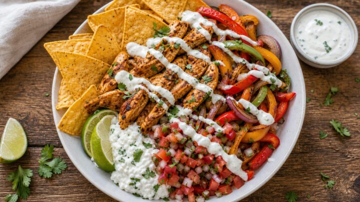 Chicken Fajita Cottage Cheese Nacho Bowls topped with peppers and fresh cilantro