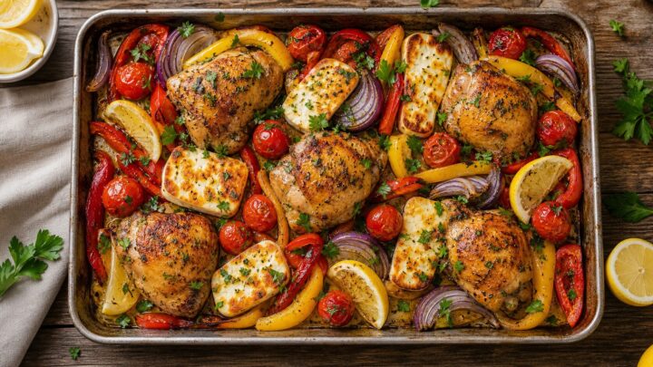 Citrus olive oil chicken and halloumi traybake on a sheet pan with roasted vegetables