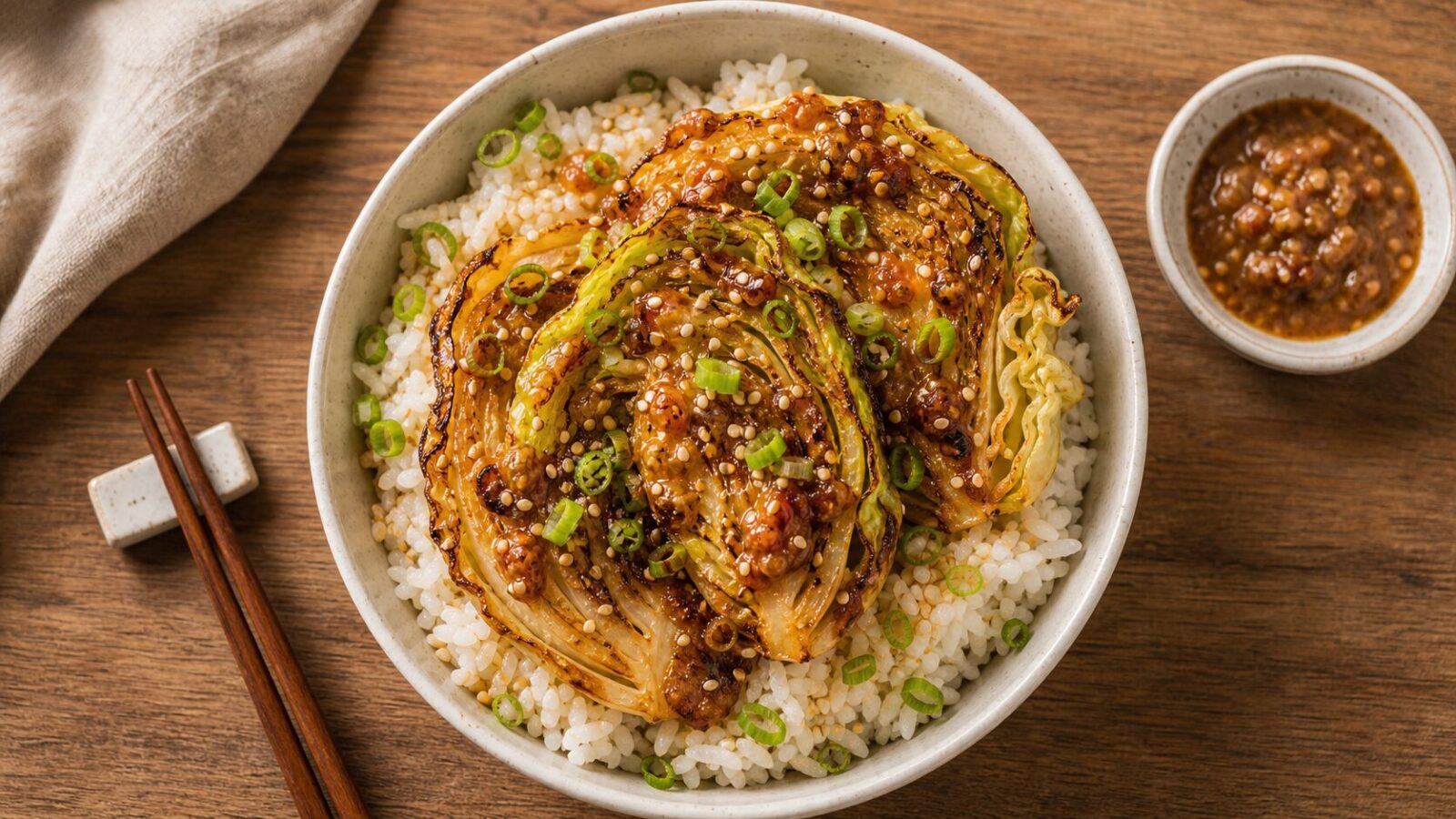 Crispy miso butter cabbage slices over steamed rice garnished with green onions and sesame seeds in a bowl