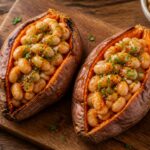 Two hot honey butter bean stuffed sweet potatoes on a wooden board with parsley garnish