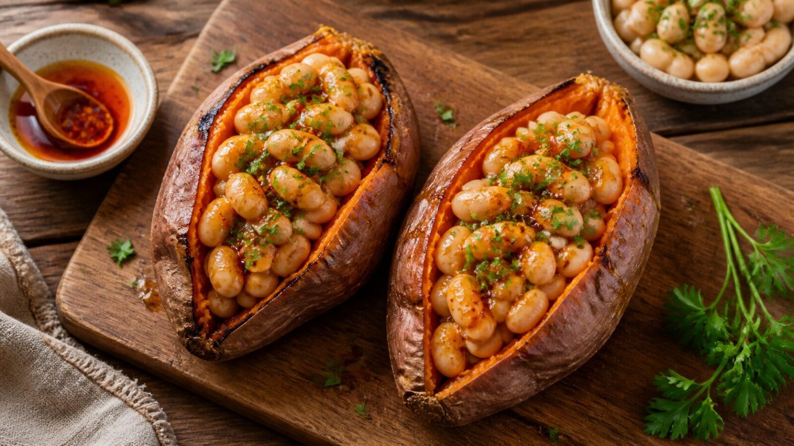 Two hot honey butter bean stuffed sweet potatoes on a wooden board with parsley garnish