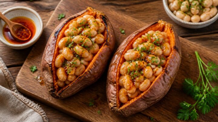 Two hot honey butter bean stuffed sweet potatoes on a wooden board with parsley garnish