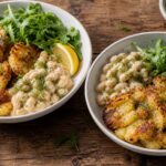 Lemon Dill White Bean Potato Smash Bowls with crispy smashed potatoes and creamy white beans on a bed of arugula