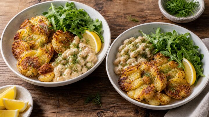 Lemon Dill White Bean Potato Smash Bowls with crispy smashed potatoes and creamy white beans on a bed of arugula