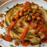 Roasted cabbage romesco chickpea plate with smoky romesco sauce and crispy chickpeas