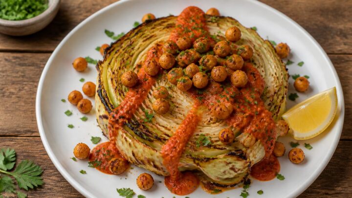 Roasted cabbage romesco chickpea plate with smoky romesco sauce and crispy chickpeas