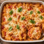 Roasted red pepper cottage cheese pasta bake in a white baking dish topped with melted mozzarella and fresh basil.