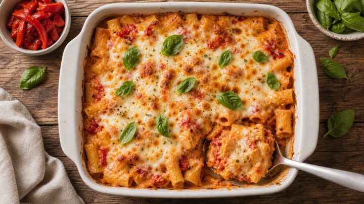 Roasted red pepper cottage cheese pasta bake in a white baking dish topped with melted mozzarella and fresh basil.