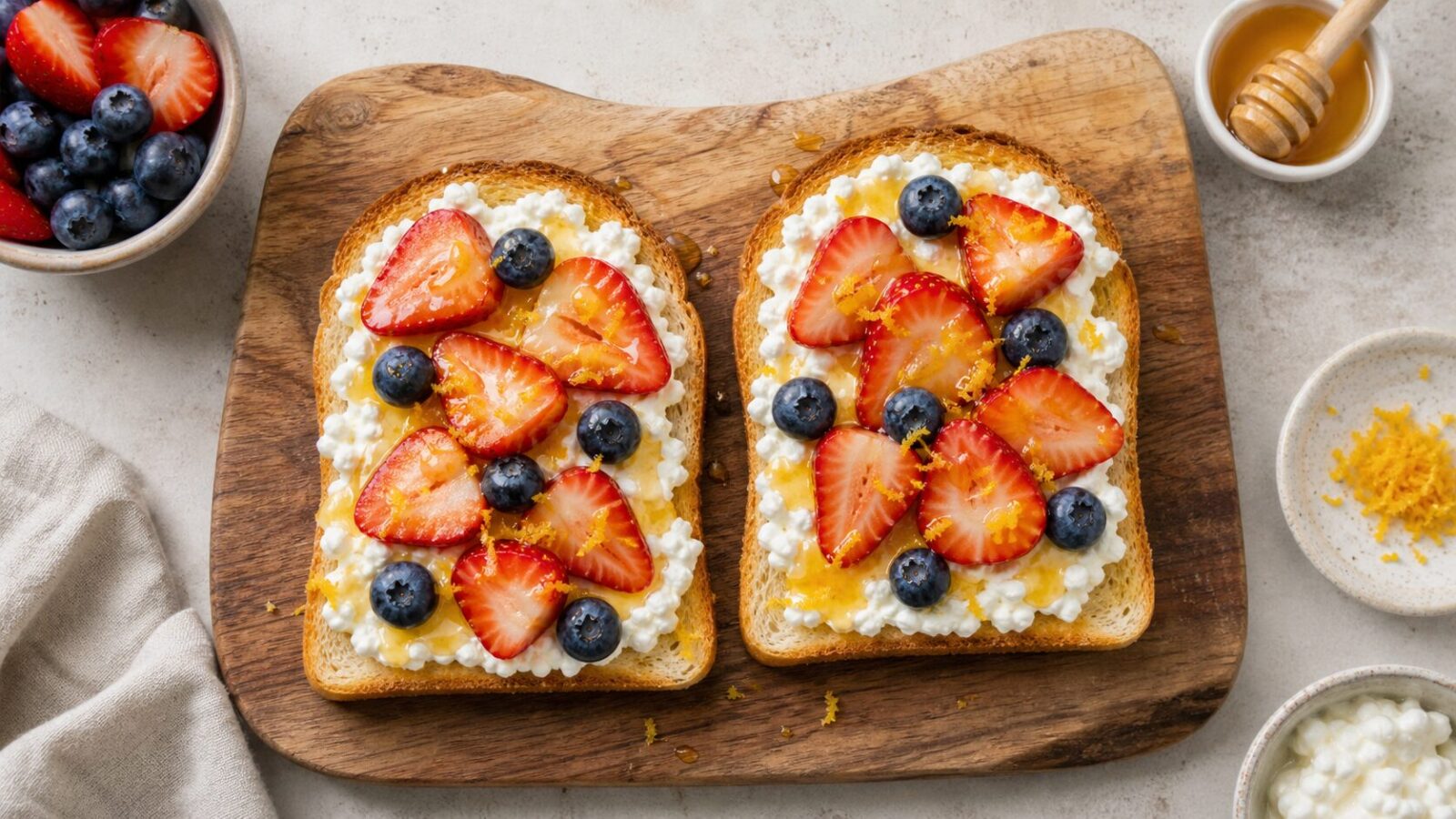 Yuzu honey cottage cheese fruit toast on a wooden board with strawberries and blueberries