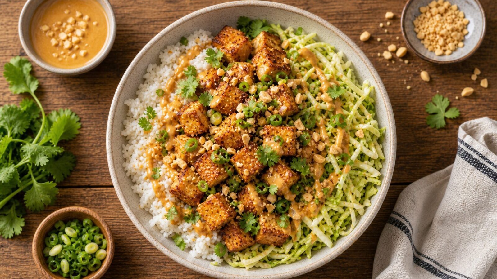 Air fryer crispy tofu cabbage satay bowls with peanut sauce, rice, and garnishes on a wooden table