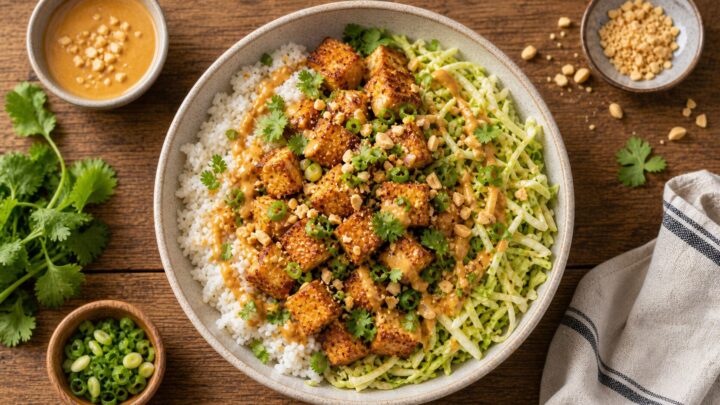 Air fryer crispy tofu cabbage satay bowls with peanut sauce, rice, and garnishes on a wooden table