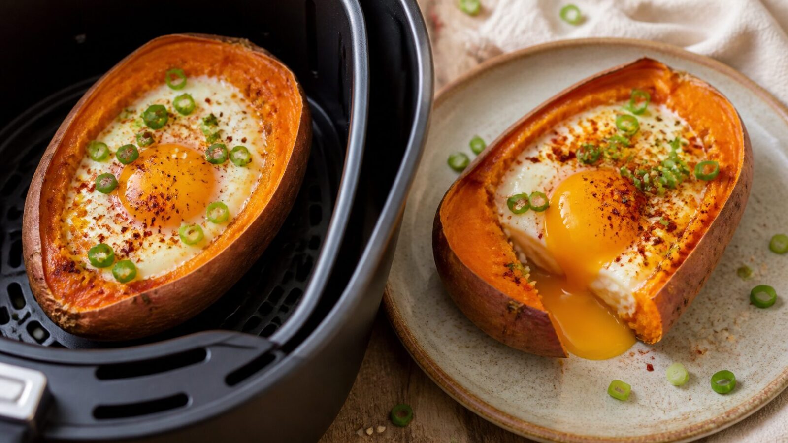 Air fryer gochugaru sweet potato egg boats topped with green onions and sesame seeds on a plate