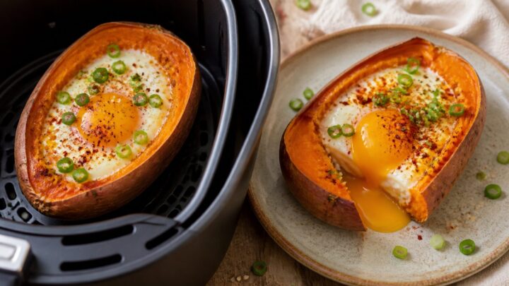 Air fryer gochugaru sweet potato egg boats topped with green onions and sesame seeds on a plate