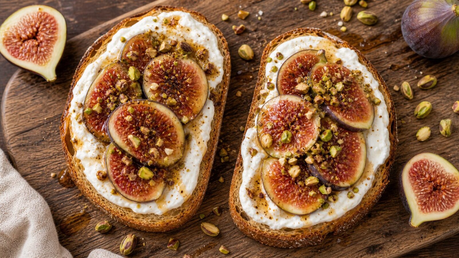 Brown butter fig pistachio yogurt toast on a wooden board with sliced figs and chopped pistachios on sourdough bread