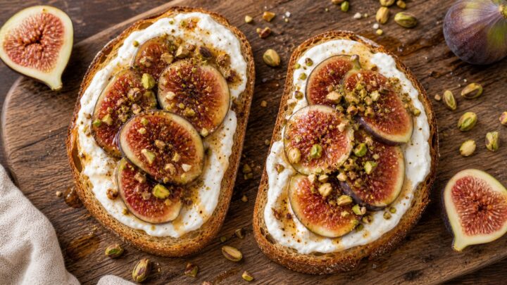 Brown butter fig pistachio yogurt toast on a wooden board with sliced figs and chopped pistachios on sourdough bread