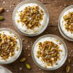 Brown butter pistachio crunch yogurt cups in small glass bowls, showing creamy yogurt topped with golden pistachio crunch and a sprinkle of sea salt.