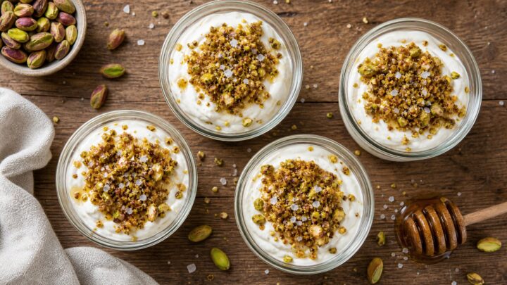 Brown butter pistachio crunch yogurt cups in small glass bowls, showing creamy yogurt topped with golden pistachio crunch and a sprinkle of sea salt.