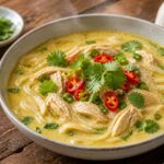 Bowl of Calamansi Coconut Chicken Noodle Soup with cilantro and chili garnish