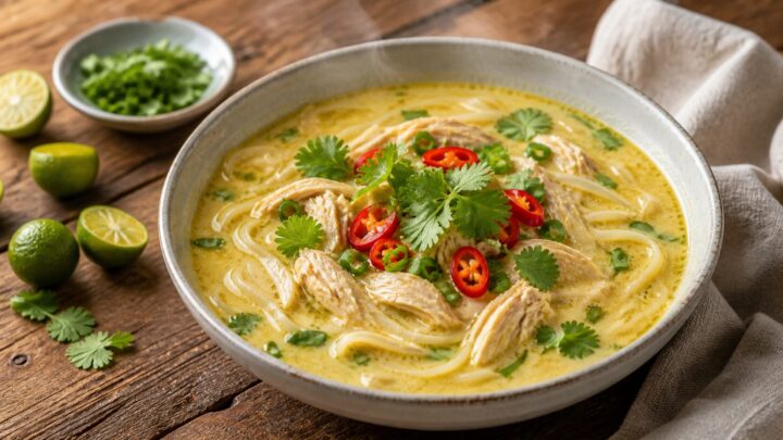 Bowl of Calamansi Coconut Chicken Noodle Soup with cilantro and chili garnish