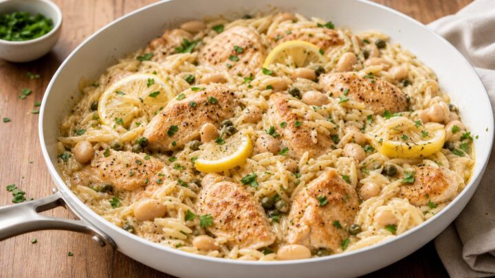 Chicken piccata butter bean orzo in a white skillet, garnished with fresh parsley.