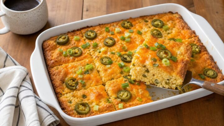 A golden brown cottage cheese jalapeno cornbread breakfast bake in a baking dish, topped with melted cheddar cheese and green onions, served on a rustic wooden table.