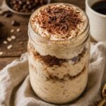 A jar of cottage cheese tiramisu overnight oats with cocoa powder sprinkled on top and a spoon, on a wooden table