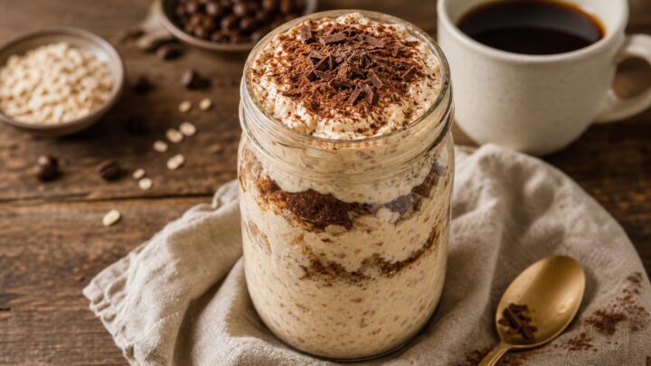 A jar of cottage cheese tiramisu overnight oats with cocoa powder sprinkled on top and a spoon, on a wooden table