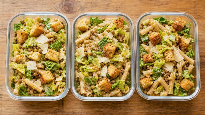Crunchy Caesar Lentil Pasta Salad Cups in meal prep containers with romaine lettuce and croutons