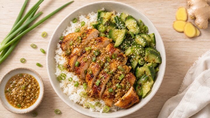 Ginger scallion chicken sliced over white rice in a bowl with smashed cucumber salad on top, garnished with scallions and sesame seeds.