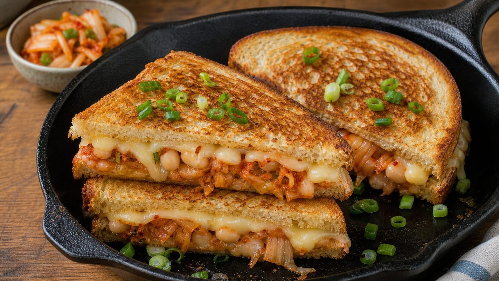 Kimchi white bean grilled cheese skillet sandwich with melted cheese and green onion garnish on a wooden board