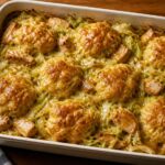 Miso maple chicken cabbage dumpling bake in a baking dish with golden dumplings and tender chicken