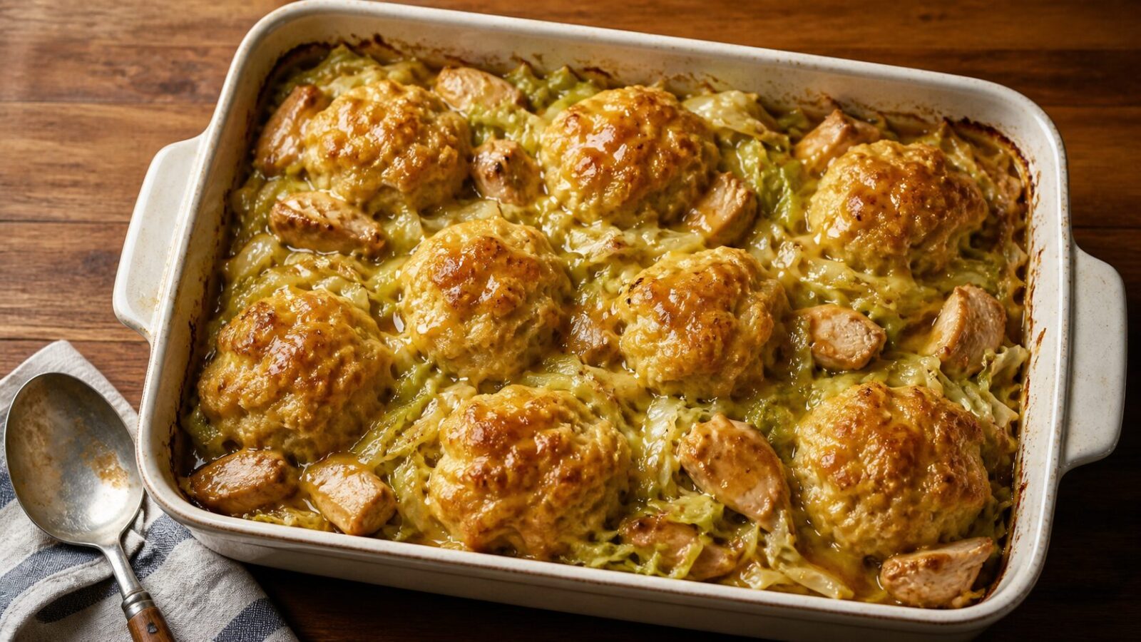 Miso maple chicken cabbage dumpling bake in a baking dish with golden dumplings and tender chicken