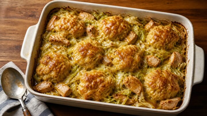 Miso maple chicken cabbage dumpling bake in a baking dish with golden dumplings and tender chicken