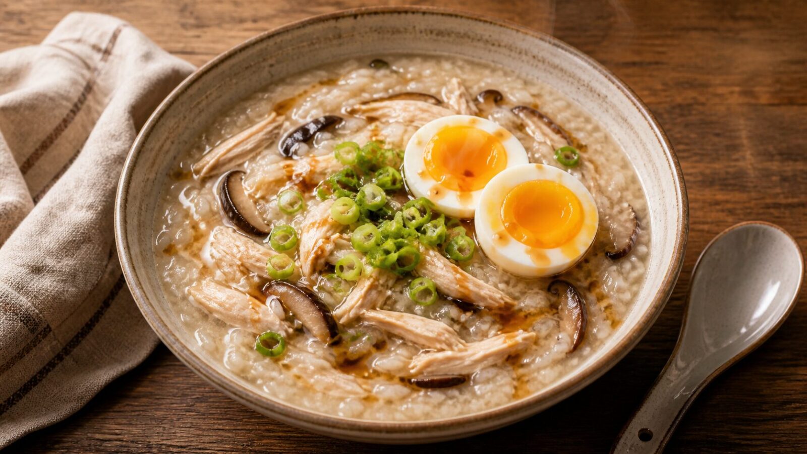 A bowl of miso mushroom chicken congee topped with green onions and sesame oil, with a spoon on the side.