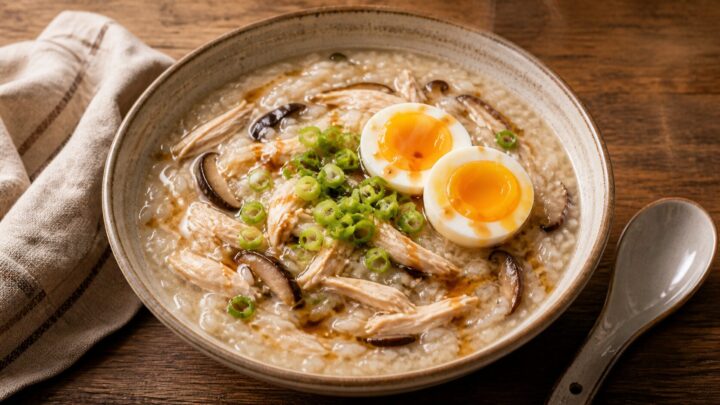 A bowl of miso mushroom chicken congee topped with green onions and sesame oil, with a spoon on the side.