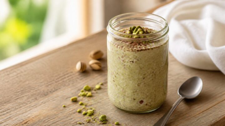 A jar of pistachio mocha overnight oats topped with chopped pistachios and a spoon, on a wooden table