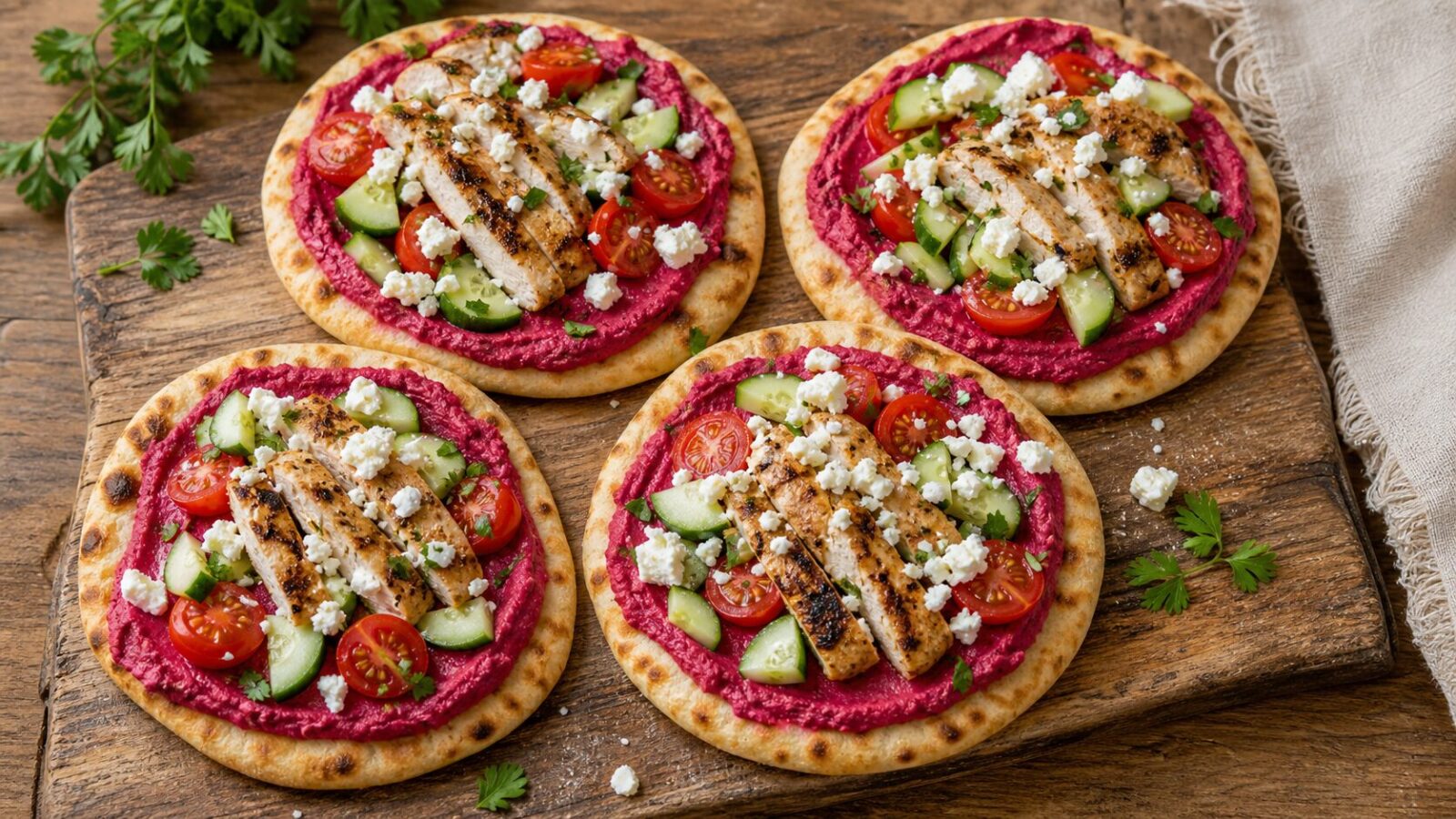 Roasted beet hummus chicken flatbreads with fresh veggies and feta on a wooden board.