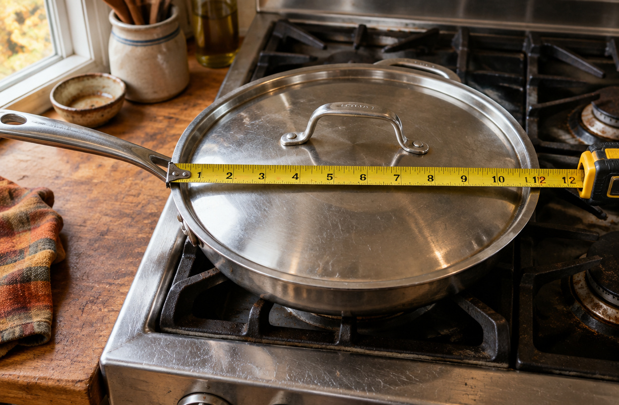 A 12-inch skillet with a lid on a gas range, tape measure across the top.