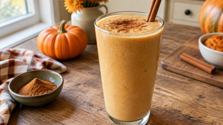 A creamy pumpkin spice protein smoothie in a glass with a cinnamon stick garnish.