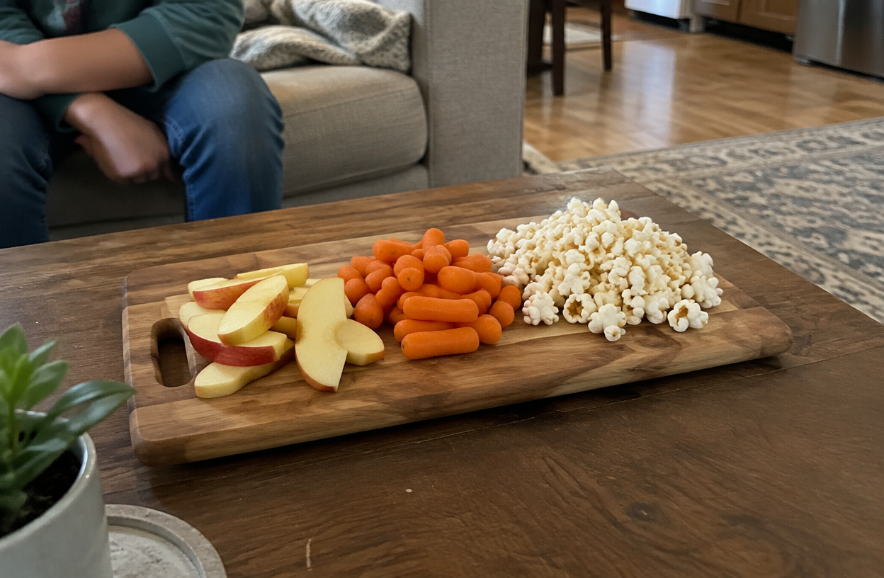A kid-friendly snack board with fruits, vegetables, and popcorn on a low table.