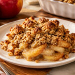 A slice of high protein apple crisp showing a crunchy topping and a creamy apple base.