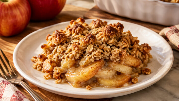 A slice of high protein apple crisp showing a crunchy topping and a creamy apple base.