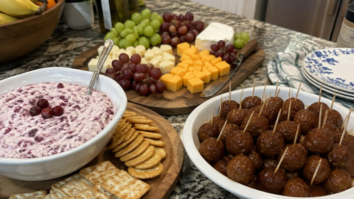 A variety of easy Thanksgiving appetizers on a home kitchen counter.