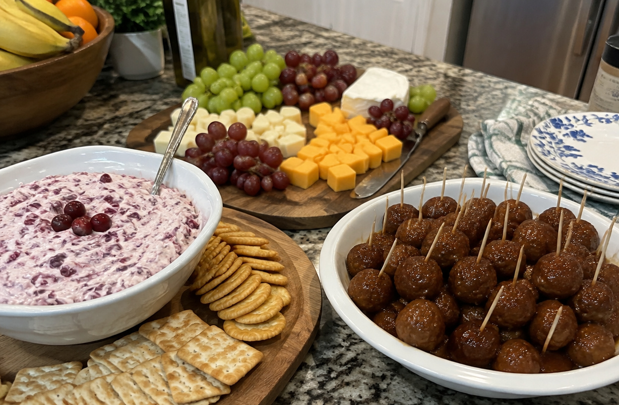 A variety of easy Thanksgiving appetizers on a home kitchen counter.