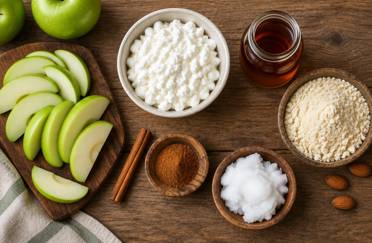 All ingredients for the high protein apple crisp laid out on a kitchen counter.