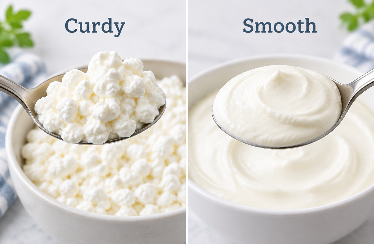 Comparison of cottage cheese before and after blending to show the smooth texture.