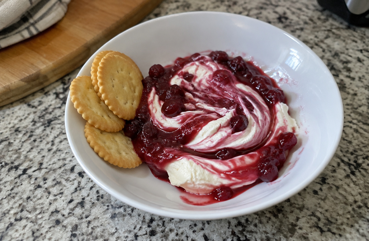 Cranberry cream cheese dip with crackers in a simple white bowl.
