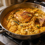 Creamy pumpkin chicken orzo in a stainless skillet with a seared chicken thigh on top.