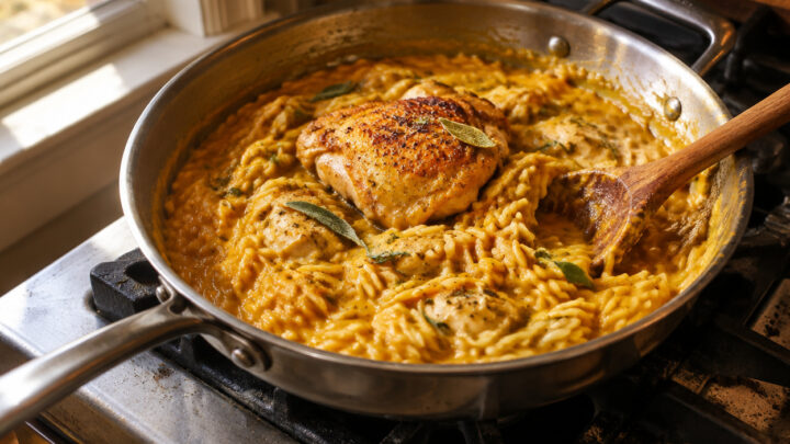 Creamy pumpkin chicken orzo in a stainless skillet with a seared chicken thigh on top.