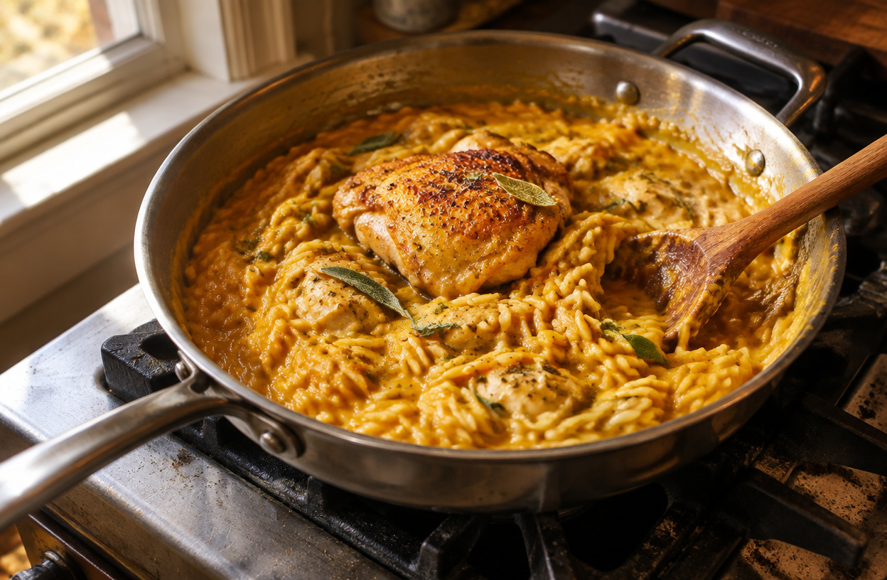 Creamy pumpkin chicken orzo in a stainless skillet with a seared chicken thigh on top.